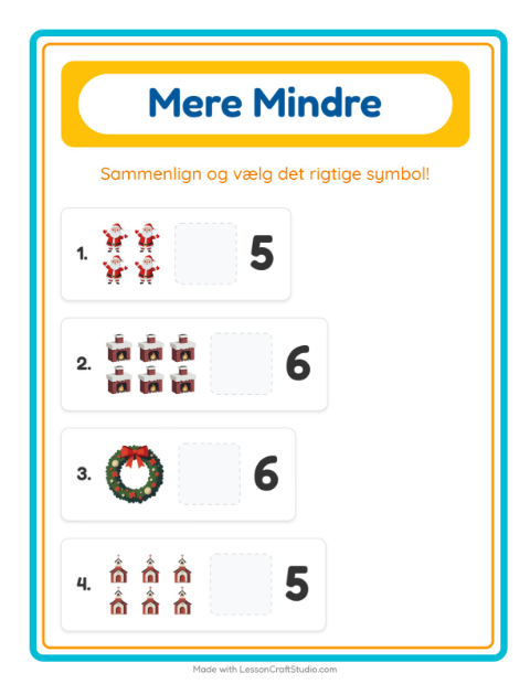Forhåndsvisning af Mere Eller Mindre-arbejdsark med Jul til Børnehave