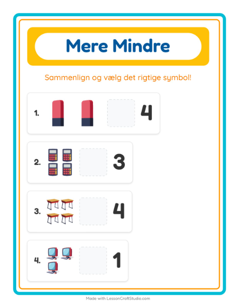 Forhåndsvisning af Mere Eller Mindre-arbejdsark med Klasseværelse til Børnehave