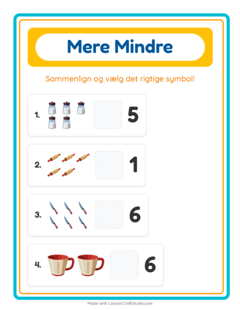 Forhåndsvisning af Mere Eller Mindre-arbejdsark med Køkkenredskaber til Børnehave