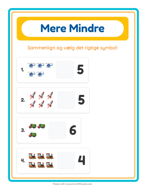 Forhåndsvisning af Mere Eller Mindre-arbejdsark med Køretøjer til Børnehave