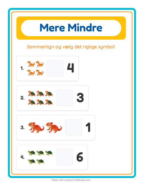 Forhåndsvisning af Mere Eller Mindre-arbejdsark med Krybdyr og padder til Børnehave