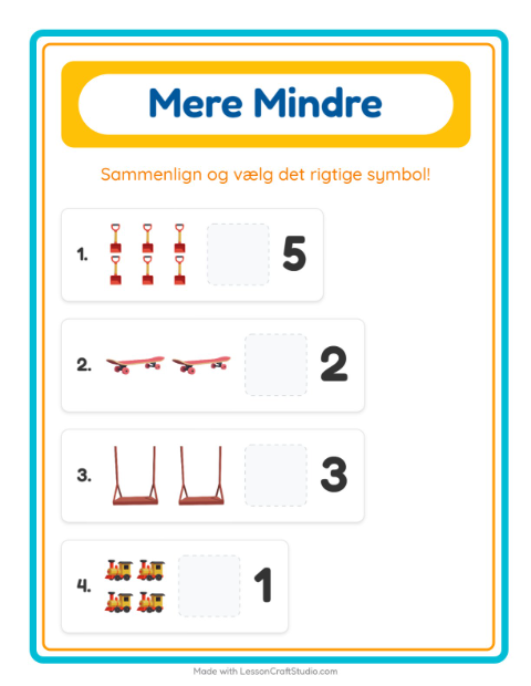 Forhåndsvisning af Mere Eller Mindre-arbejdsark med Legetøj til Børnehave