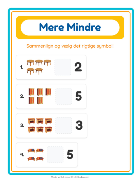 Forhåndsvisning af Mere Eller Mindre-arbejdsark med Møbler til Børnehave