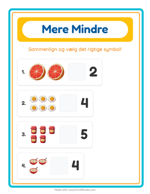 Forhåndsvisning af Mere Eller Mindre-arbejdsark med Morgenmad til Børnehave