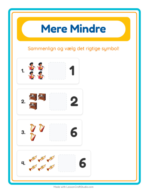 Forhåndsvisning af Mere Eller Mindre-arbejdsark med Musik til Børnehave