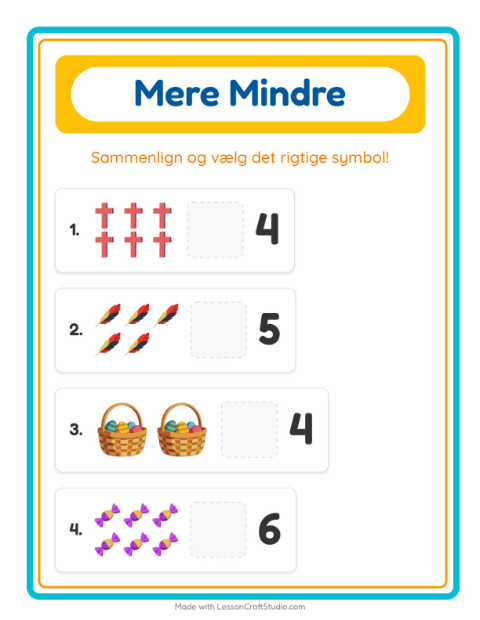 Forhåndsvisning af Mere Eller Mindre-arbejdsark med Påske til Børnehave
