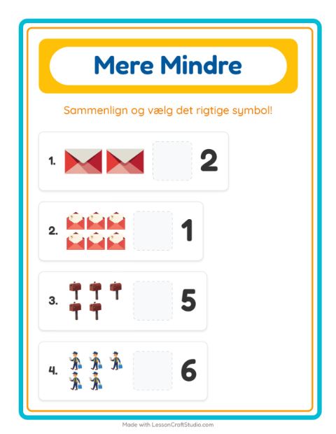 Forhåndsvisning af Mere Eller Mindre-arbejdsark med Postkontor til Børnehave