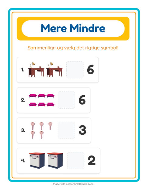 Forhåndsvisning af Mere Eller Mindre-arbejdsark med Rundt i huset til Børnehave
