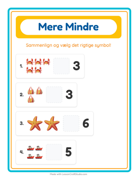 Forhåndsvisning af Mere Eller Mindre-arbejdsark med Strand til Børnehave