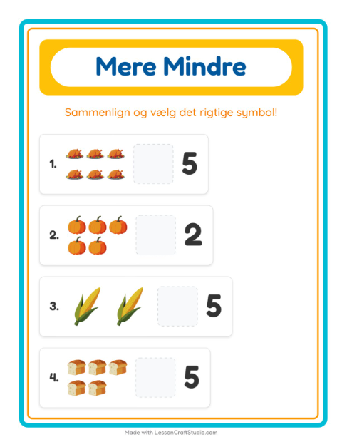 Forhåndsvisning af Mere Eller Mindre-arbejdsark med Thanksgiving til Børnehave