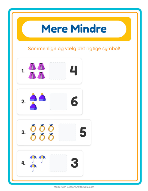 Forhåndsvisning af Mere Eller Mindre-arbejdsark med Tilbehør til Børnehave