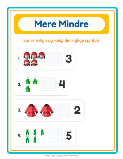 Forhåndsvisning af Mere Eller Mindre-arbejdsark med Tøj til Børnehave
