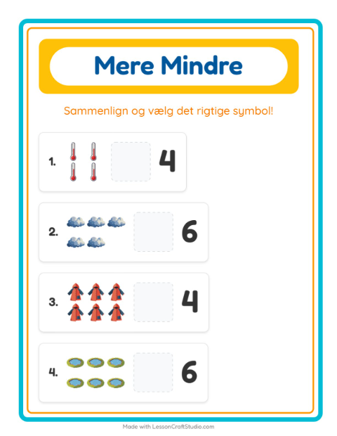 Forhåndsvisning af Mere Eller Mindre-arbejdsark med Vejr til Børnehave