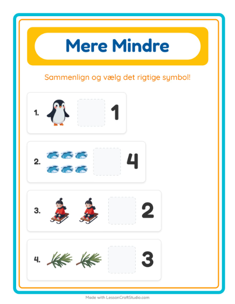 Forhåndsvisning af Mere Eller Mindre-arbejdsark med Vinter til Børnehave