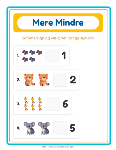 Forhåndsvisning af Mere Eller Mindre-arbejdsark med Zoodyr til Børnehave