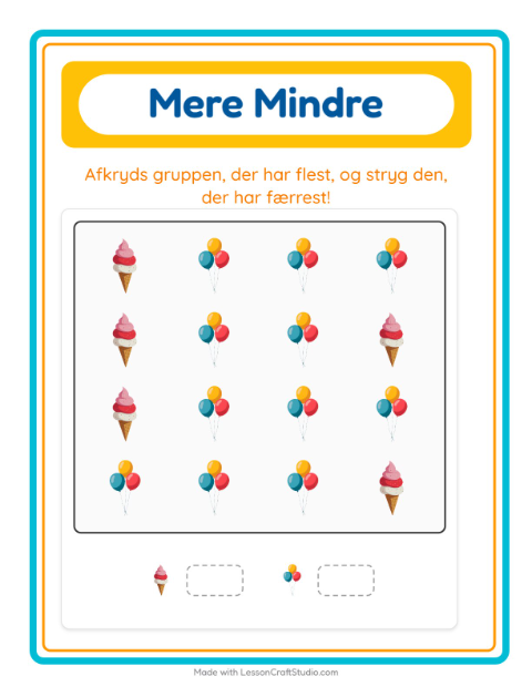 Forhåndsvisning af Mere Eller Mindre-arbejdsark med 4. juli til Børnehave