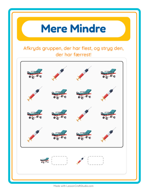 Forhåndsvisning af Mere Eller Mindre-arbejdsark med Hospital til Børnehave