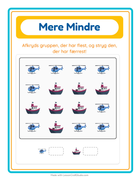 Forhåndsvisning af Flest og færrest (sæt kryds): køretøjer – opgave til børnehaveklassen