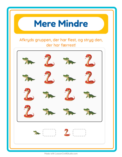 Forhåndsvisning af Flest og færrest (sæt kryds): krybdyr – opgave til børnehaveklassen