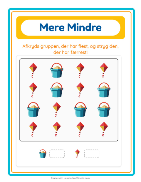 Forhåndsvisning af Mere Eller Mindre-arbejdsark med Legetøj til Børnehave