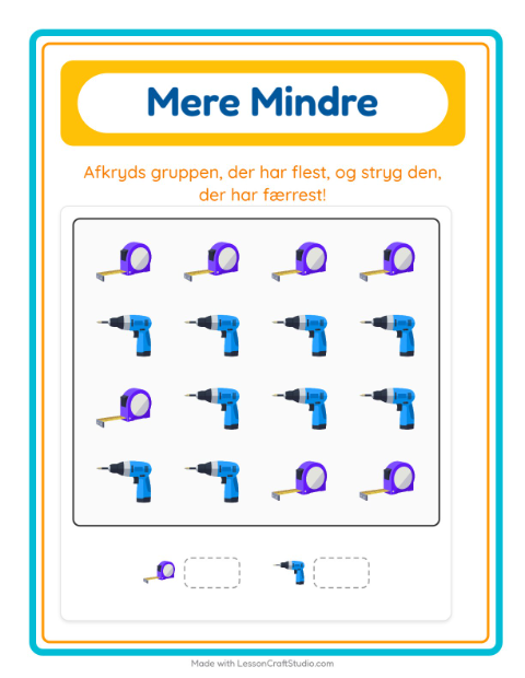 Forhåndsvisning af Mere Eller Mindre-arbejdsark med Værktøj til Børnehave