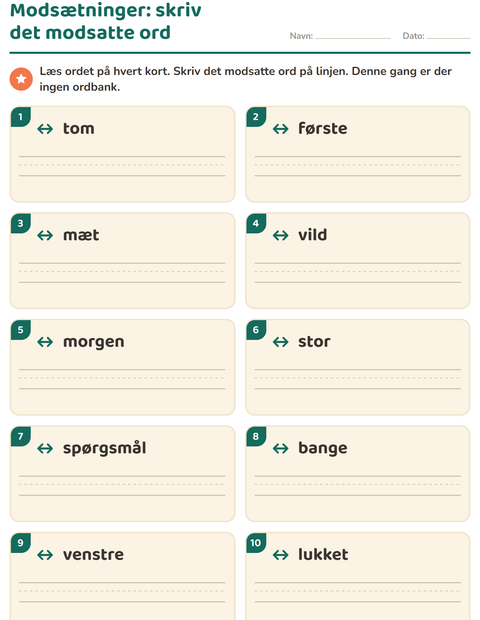 Forhåndsvisning af Modsætninger-arbejdsark til 1. klasse