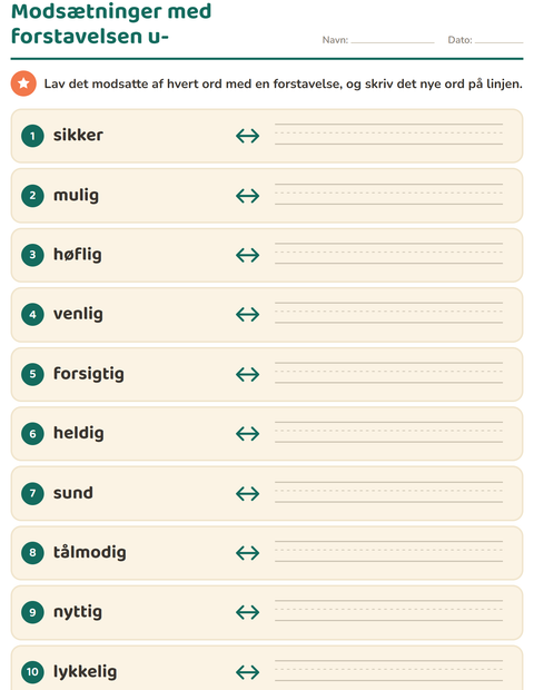 Forhåndsvisning af Modsætninger-arbejdsark til 2. klasse