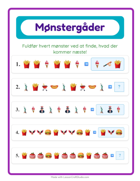 Forhåndsvisning af Mønsterark-arbejdsark med 4. juli til 1. klasse