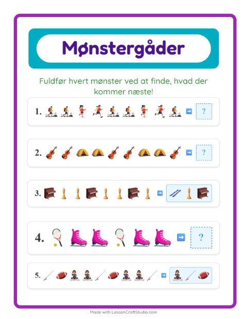Forhåndsvisning af Mønsterark-arbejdsark med Aktiviteter til 1. klasse