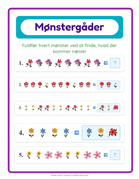 Forhåndsvisning af Mønstre med blomster – opgaveark til børnehaveklassen