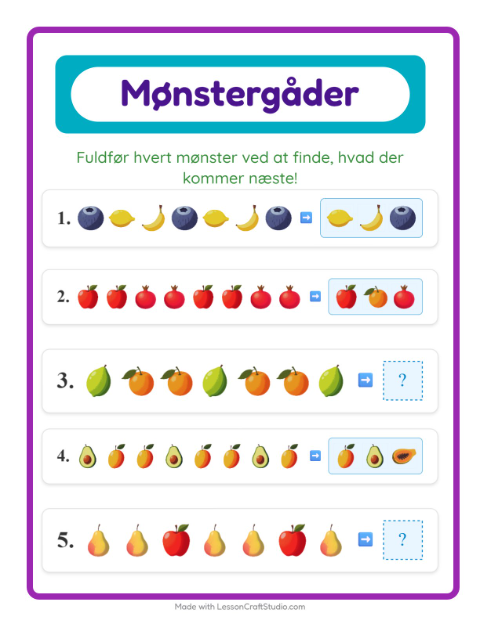 Forhåndsvisning af Mønstre med frugter – opgaveark til børnehaveklassen