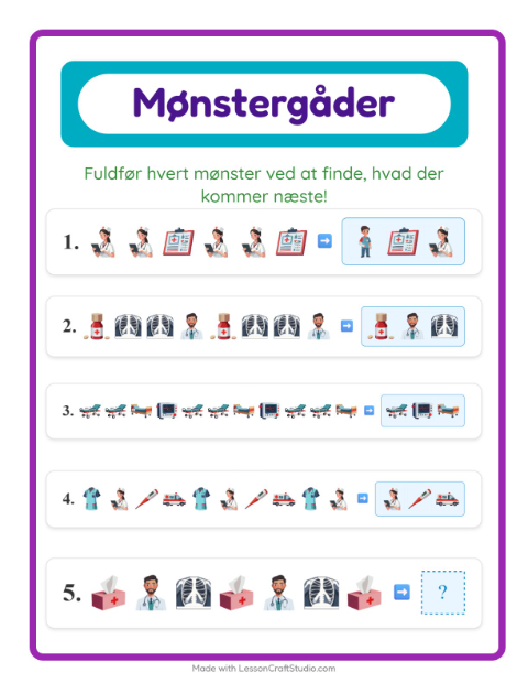 Forhåndsvisning af Mønsterark-arbejdsark med Hospital til 1. klasse