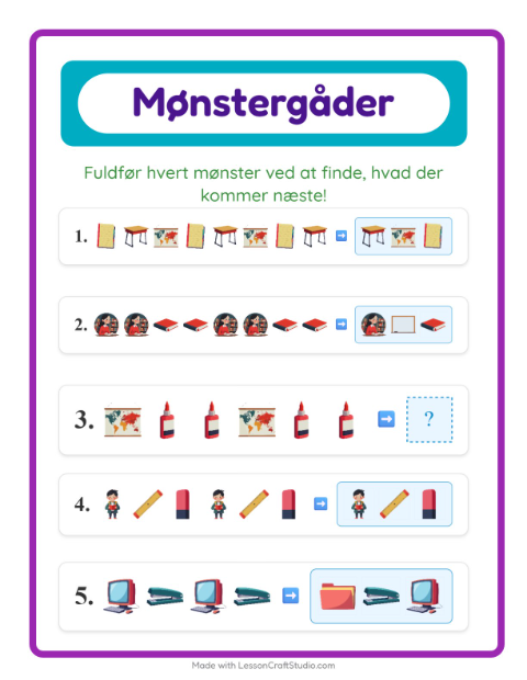Forhåndsvisning af Mønsterark-arbejdsark med Klasseværelse til 1. klasse