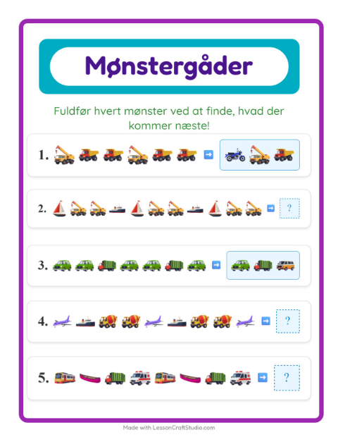 Forhåndsvisning af Mønstre med køretøjer – opgaveark til børnehaveklassen