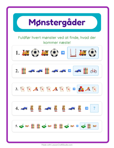 Forhåndsvisning af Mønsterark-arbejdsark med Legetøj til 1. klasse