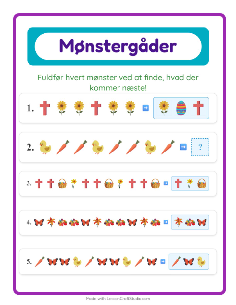 Forhåndsvisning af Mønsterark-arbejdsark med Påske til 1. klasse