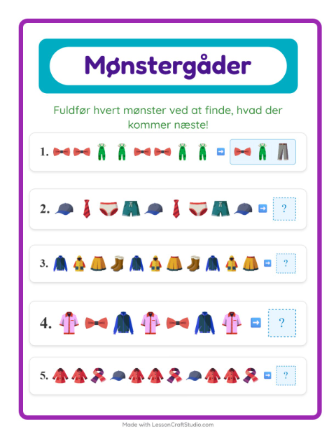 Forhåndsvisning af Mønsterark-arbejdsark med Tøj til 1. klasse