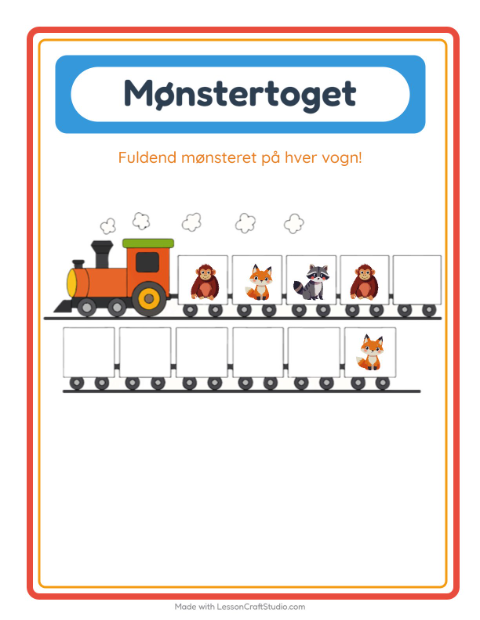 Forhåndsvisning af Mønstertog (ABC-mønster) med dyr – opgave til børnehaveklassen