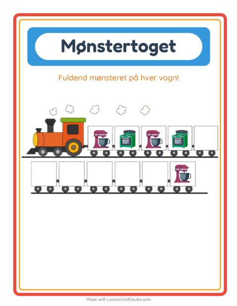 Forhåndsvisning af Mønstertog (AB-mønster) med køkkenredskaber – opgave til børnehaveklassen