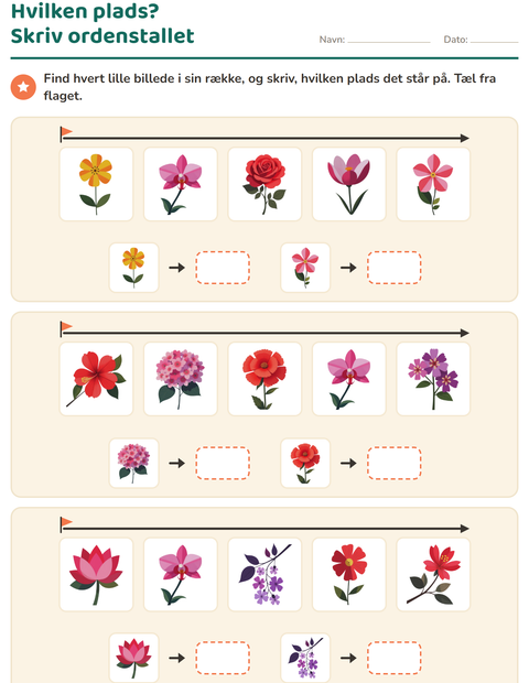 Forhåndsvisning af Ordenstal-arbejdsark med Blomster til 1. klasse