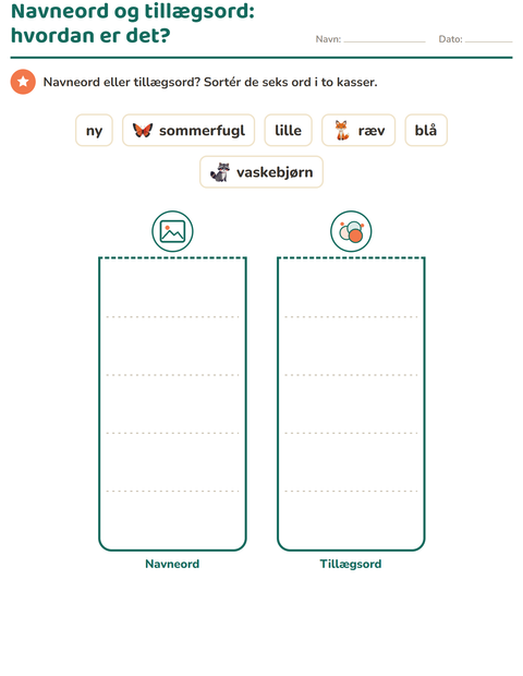 Forhåndsvisning af Ordklasser-arbejdsark med Skovdyr til 1. klasse