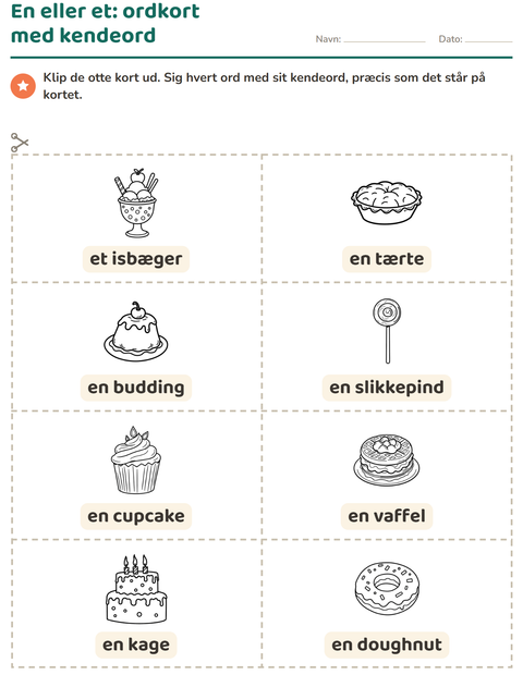 Forhåndsvisning af Ordkort med billeder-arbejdsark med Dessert (S/H) til Børnehaveklasse
