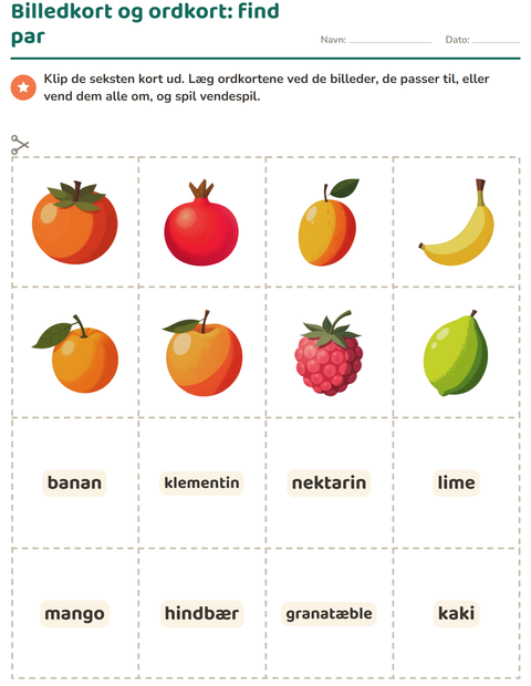 Billedkort og ordkort – find par eller spil vendespil – frugter – børnehaveklasse