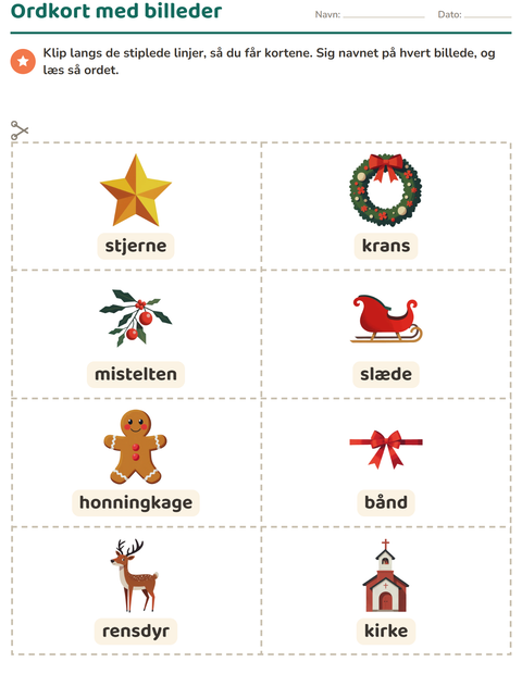 Forhåndsvisning af Ordkort med billeder-arbejdsark med Jul til Børnehaveklasse