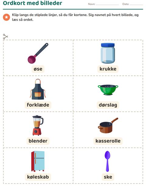 Forhåndsvisning af Ordkort med billeder-arbejdsark med Køkkenredskaber til Børnehaveklasse