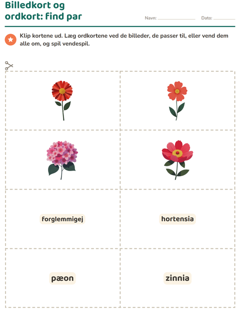 Forhåndsvisning af Ordkort med billeder-arbejdsark med Blomster til Børnehaveklasse