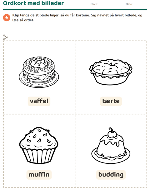 Forhåndsvisning af Ordkort med billeder-arbejdsark med Dessert (S/H) til Børnehaveklasse