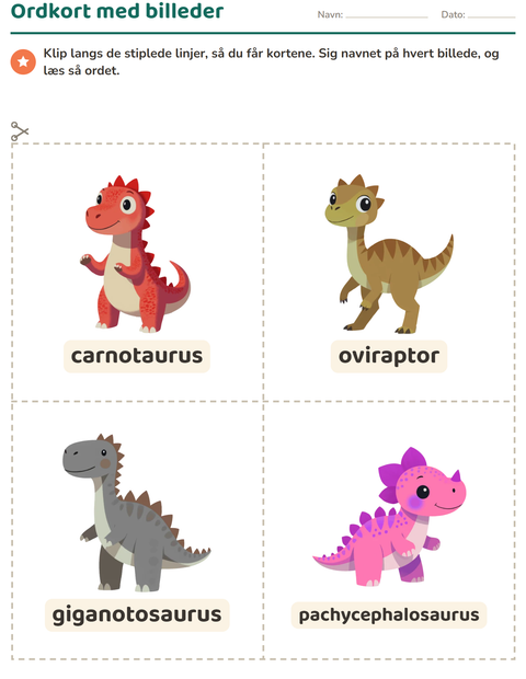 Forhåndsvisning af Ordkort med billeder-arbejdsark med Dinosaurer til Børnehaveklasse