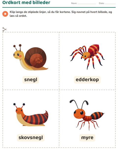 Forhåndsvisning af Ordkort med billeder-arbejdsark med Insekter og kryb til Børnehaveklasse