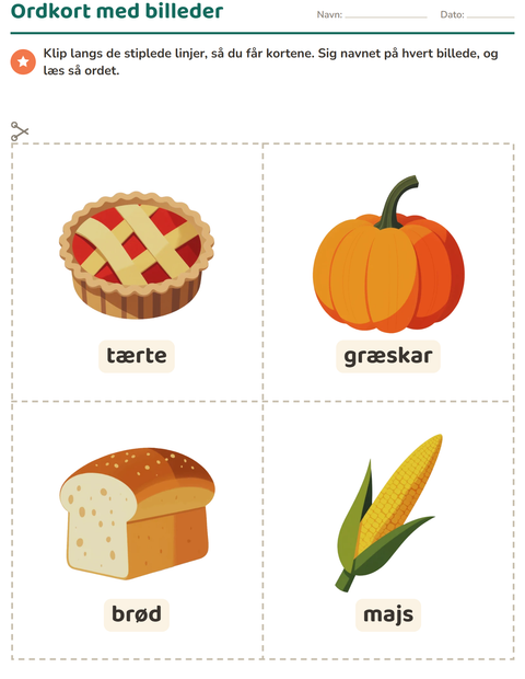 Forhåndsvisning af Ordkort med billeder-arbejdsark med Thanksgiving til Børnehaveklasse